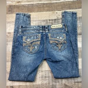 Rock Revival Blue Skinny Barry Jeans Women’s 29 Distressed Faux Flap Low Rise